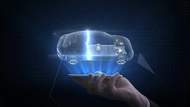 Lifting smart phone, mobile, Electronic car,  ion battery echo car. Charging car battery. Battery level check, future car. side view. 4k movie.