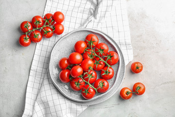 Naklejka na ściany i meble Flat lay composition with ripe tomatoes on table
