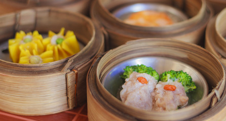 Bamboo Steamers with dim sum steamers at a Chinese restaurant.