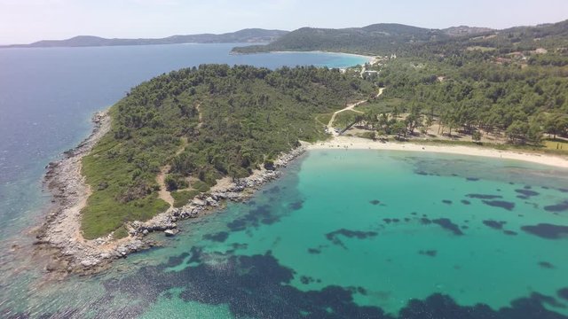 Aerial view of coastline of Kassandra peninsula, Greece, raw, 4K
