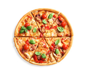 Delicious pizza with tomatoes and sausages on white background