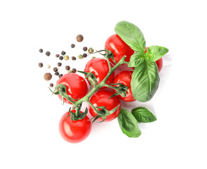 Ripe red tomatoes, pepper and basil on white background, top view