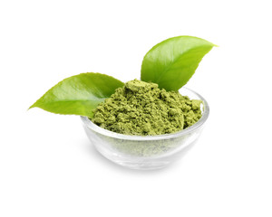 Bowl with matcha tea and green leaves on white background