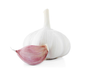Fresh garlic bulb and clove on white background. Organic food