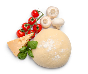 Ingredients for tasty pizza on white background, top view