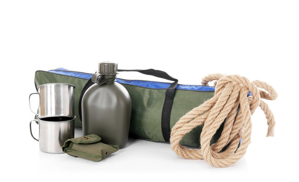 Camping equipment on white background