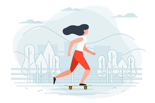 Vector banner template with girl on a skate. City, trees and hills on a blue background.