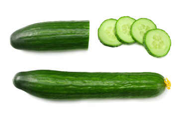 fresh cucumber slices isolated on white background. top view