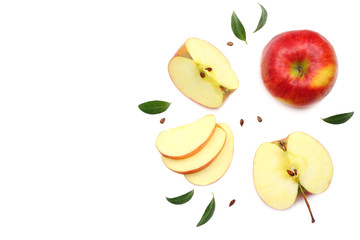 red apples with slices isolated on white background. top view