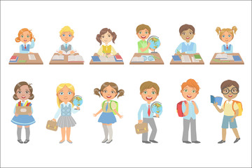Kids Behind the Desks In School Set