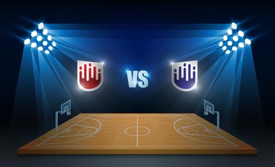 Basketball arena field with bright stadium lights design. Vector illumination © photoraidz