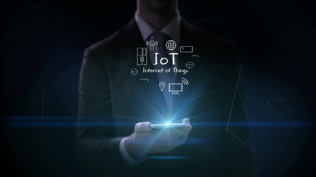 Businessman slide mobile IoT icon, Hand drawing Internet of things icon. 4k movie.