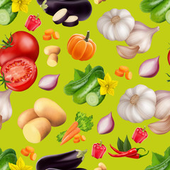 Seamless pattern with vegetables on green background. Vegeterian food. Tomato, pumpkin, cabbage, potatoes onion broccoli carrot pepper and garlic. 3d realism vector illustration.