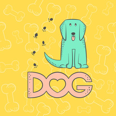 Vector big dog funny caricature animal cartoon character. Contour flat bright pet isolated colorful sketch illustration. Seamless background with bones, inscription and heart.