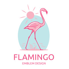 Pink flamingo goes along the water - vector illustration, emblem, print designs