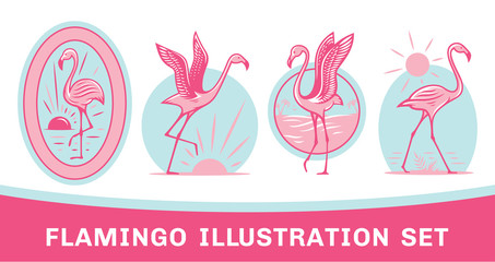 Vector collection of pink flamingos illustration, emblem, print designs