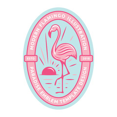 Pink flamingos stand on one foot near the water in the background of the sun - vector illustration, emblem, print designs