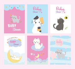 Set of baby shower invitations cards,birthday card,cats, poster, greeting, template, animals, Vector illustrations