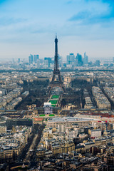 Aerial cityscape of Paris, France, with the Eiffel tower seen from the Tour Montparnasse