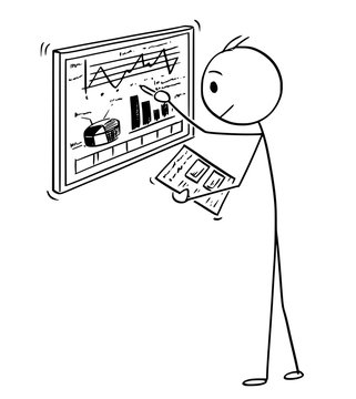 Cartoon stick man drawing conceptual illustration of businessman working with charts on computer screen. Business concept of investment and profit.