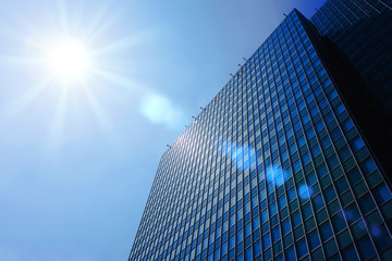 Skyscrapers view with blue sky .  office buildings. modern glass silhouettes of skyscrapers