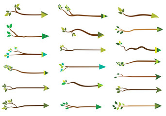 Vector tree branch arrows with green leaves for natural and organic product designs