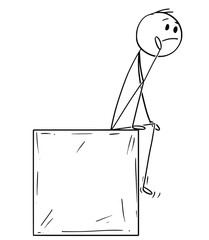 Cartoon stick drawing conceptual illustration of man or businessman sitting on box or cube and thinking.