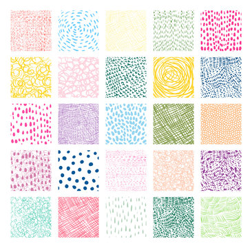 Hand drawn colorful square vector textures with lines, dots and scribbles for graphic design