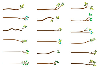 Simple vector tree branches with green leaves on white background for greeting cards and graphic design
