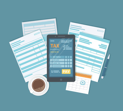 Online tax payment via phone. Mobile phone with tax form on screen and pay button. Internet banking concept. Online paying, bookkeeping, accounting. Vector illustration