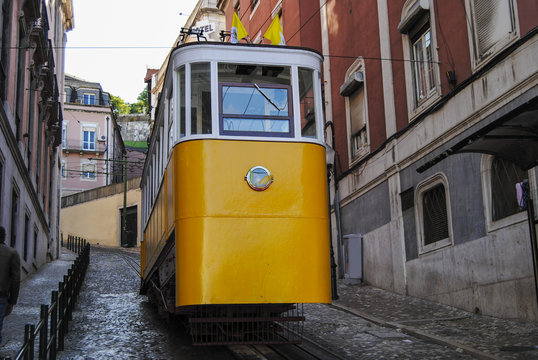The Gloria Funicular (Elevador da Gloria) in the city of Lisbon, Portugal. Gloria Funicular connects the Pombaline downtown with Bairro Alto