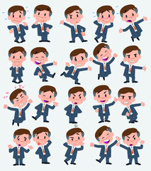 Cartoon character businessman. Set with different postures, attitudes and poses, doing different activities in isolated vector illustrations.