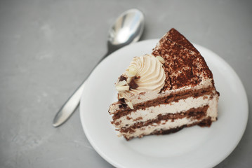Delicious Piece of Chocolate Cake in white Plate Gray Textured Background Isoalted Sweet Dessert