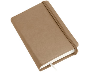 Brown leather notebook with elastic band closure isolated on white background.