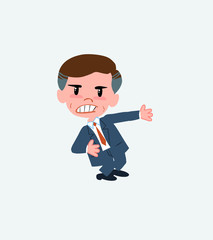 Businessman shows very angry something to his left.