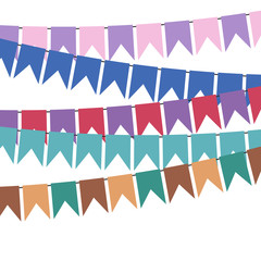 Obraz premium Colorful flags and bunting garlands for decoration. Decor elements with various patterns. Vector illustration 