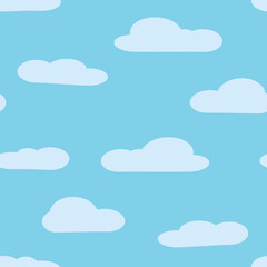 Seamless background with blue sky and white cartoon clouds. Vector illustration.
