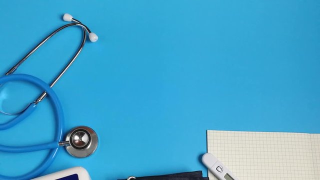 Flat Lay medical tools top view space idea footage camera movement.

