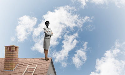 Concept of security and privacy protection with camera headed woman