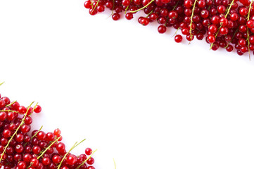 Red currants at border of image with copy space for text. Ripe red currants on white background. Top view. Red berries. 