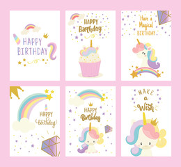 Set of Happy birthday card with cute unicorn. Greeting.
