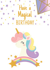 Happy birthday card with cute unicorn. Greeting . Hand written text.