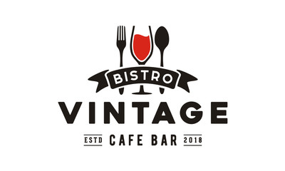 Wine Glass Spoon Fork Restaurant Vintage Retro Bar Bistro with Ribbon Logo design  - obrazy, fototapety, plakaty