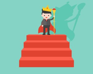 Businessman wearing crown and holding wand as king, stand on red step, flat design