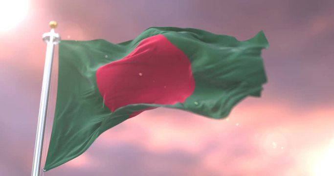 Bangladesh flag waving at wind in slow at sunset, loop