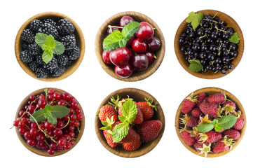 Black and red berries isolated on white. Blackberries, raspberries, cherries, red and black currants . Collage of different fruits and berries. 