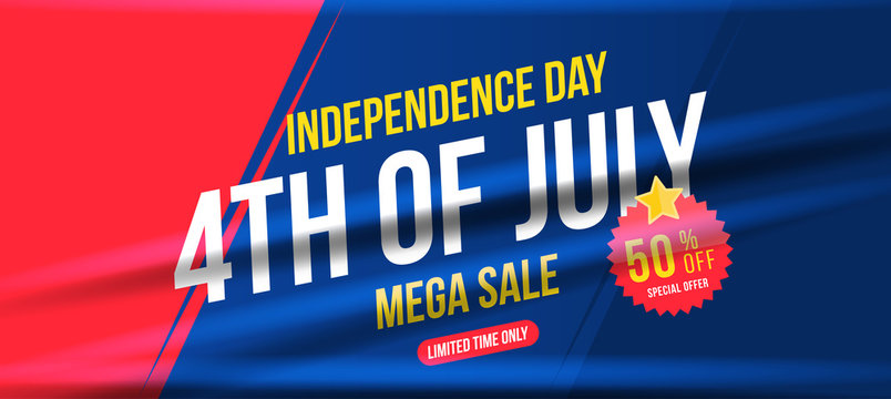 Flyer Celebrate Happy 4th of July - Independence Day. Mega sale with sticker 50 off. National American holiday event. Flat Vector illustration EPS10