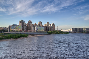Fototapeta na wymiar City landscape, view from river to city