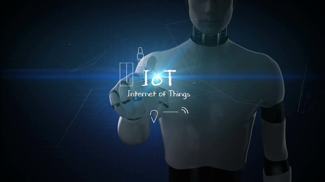Robot, cyborg touching IoT, Hand drawing Internet of things icon. 4k movie.2.
