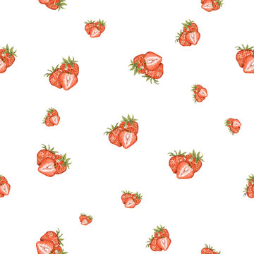Watercolor hand drawn strawberry seamless pattern. Painted isolated strawberry set illustration on white background. Fresh strawberries are drawn with watercolor.